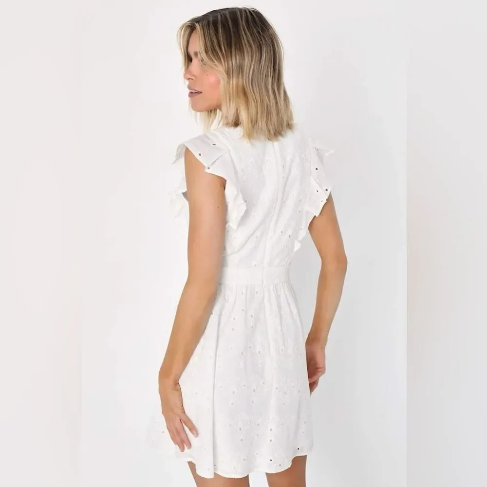 NWT Lulus Flirtatious in Florence White Ruffled Eyelet Cotton Mini Dress XL - Picture 2 of 9